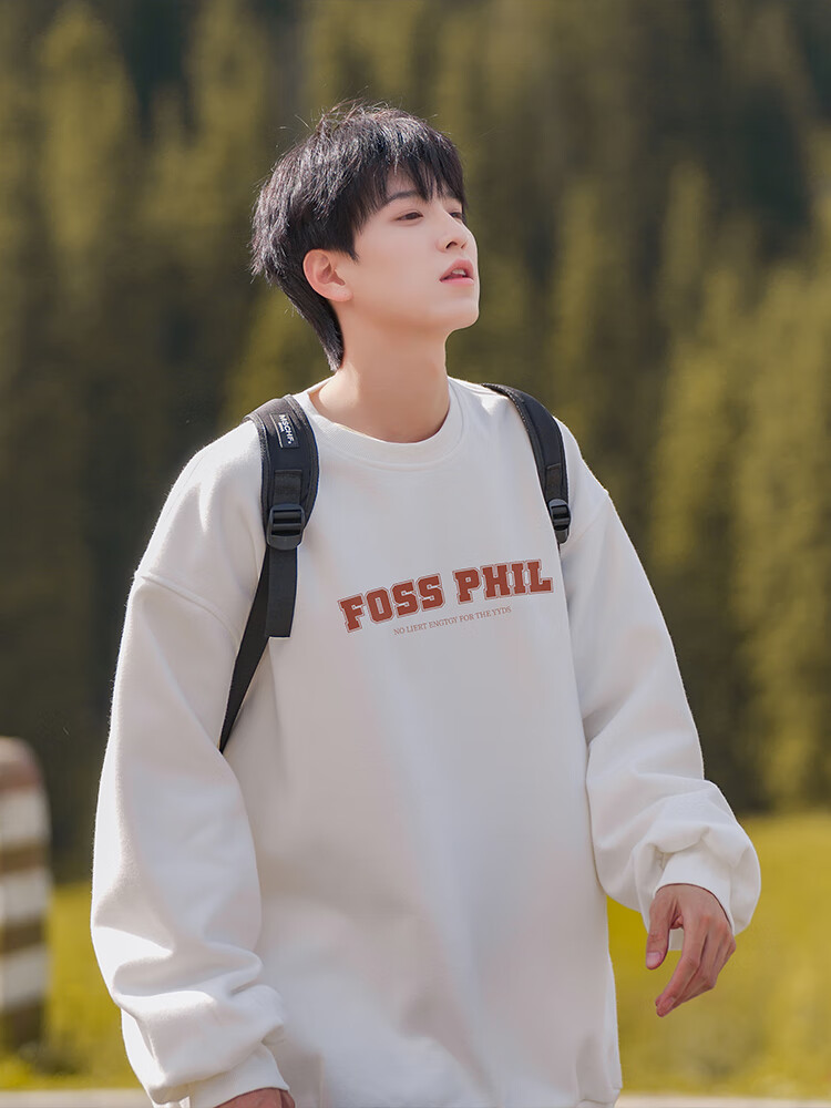 Foss Phil Men's Crew Neck Sweatshirt Autumn Winter Long Sleeve Printed Loose Casual Base Shirt FPW2 White M 13