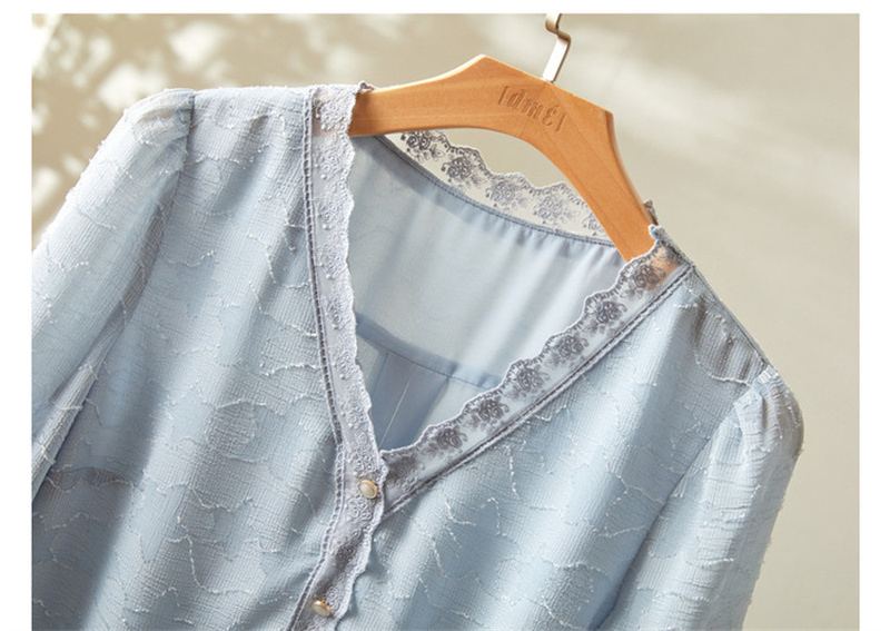 Dme [Long Time No See Series] Summer French Commuter V-Neck Jacquard Blouse, Three-Quarter Sleeve Lace Shirt, Women's Top 20