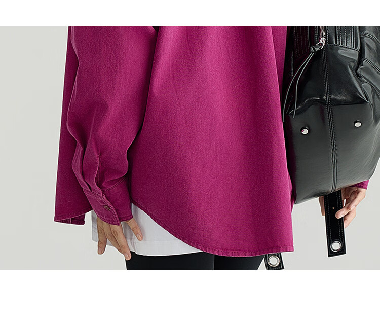 Dme Vintage Washed Spring Elegant Magenta Loose Fit Turndown Collar Long Sleeve Blouse for Women, Purple-Red, Size M 19