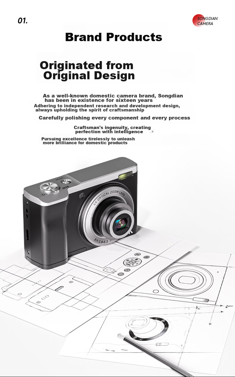SONGDIAN Optical Zoom Digital Camera, 5K High-Definition Video Recording, Dual Front And Rear Cameras with Built-In Filters, Student Mirrorless Camera DC305x, Black, 256GB Memory 4