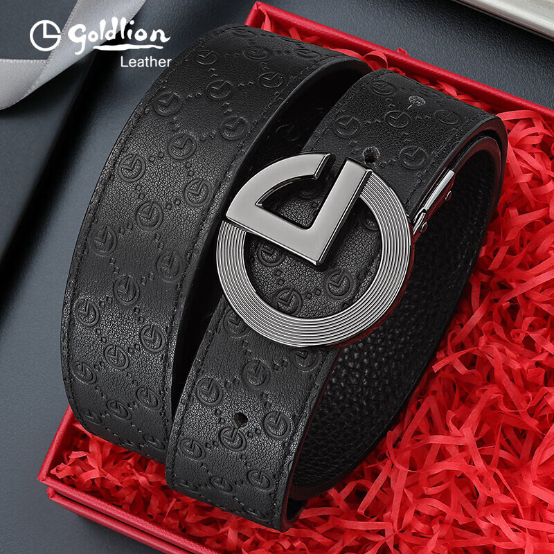Goldlion Men's Buckle Belt, Top-Grain Leather Smooth Buckle Waistband, Casual Trouser Belt Gift Box, Birthday Gift