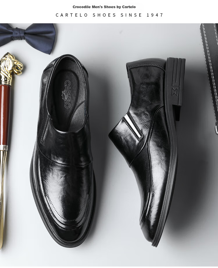 CARTELO British Business Men's Leather Shoes, Breathable Cowhide Men's Shoes, Casual Leather Shoes, Slip-On Loafers, 9832 Black, Size 42 13