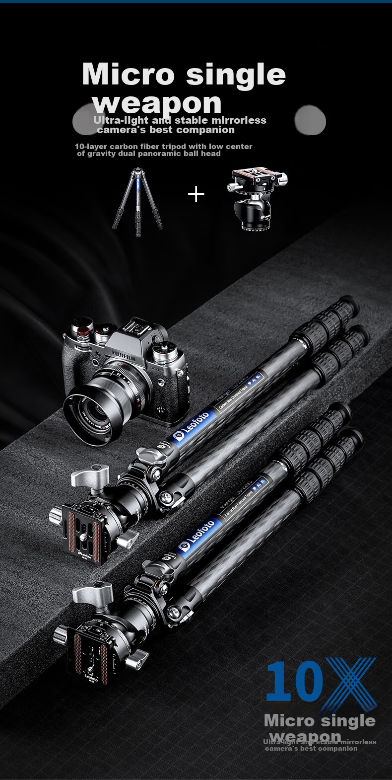 Leofoto Tripod, Carbon Fiber Phone Stand, Canon Nikon Sony Camera Lens Photography And Videography Tripod with Ball Head Kit LS-225C+LH 2