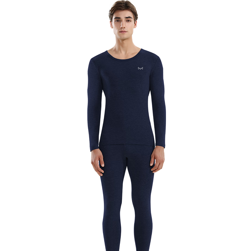 MiiOW 80S Modal Xinjiang Cotton Men's Thermal Underwear Set, Autumn Undershirt And Pants, Slim-Fit Base Layer Cotton Sweater, Cobalt Blue
