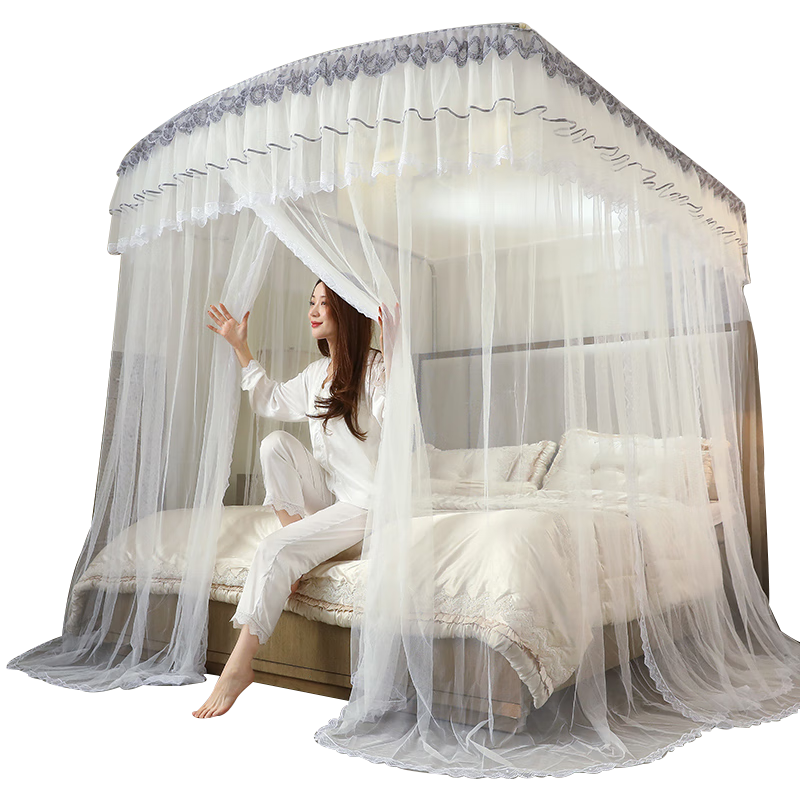 Demichel Extendable U-Shaped Mosquito Net, 1.8x2.2 Meters for Home Use, Fishing Rod Three-Door Floor-Standing Thickened Frame, Elegant White