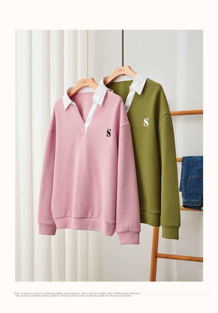Dme [Waffle Knit Patchwork Sweatshirt] Spring And Autumn Lapel Drop Shoulder Long Sleeve Slightly Stretchy Loose Sweatshirt for Women, Mustard Yellow, S 11