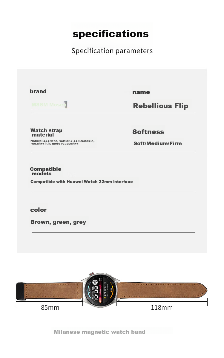 MSSM Compatible Huawei Watch Band, Crazy Horse Leather Silicone Magnetic Buckle for GT6/6Pro/5/Watch4Pro/GT3Pro/Honor Watch - Date Red 22mm 3