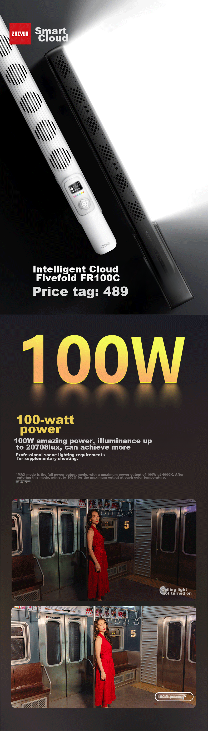Zhiyun Power King X100 Portable Live Streaming Fill Light, Beauty Photography Studio Light, Indoor And Outdoor Portrait Shooting Light, 100W COB Pocket Light X100 PRO 1