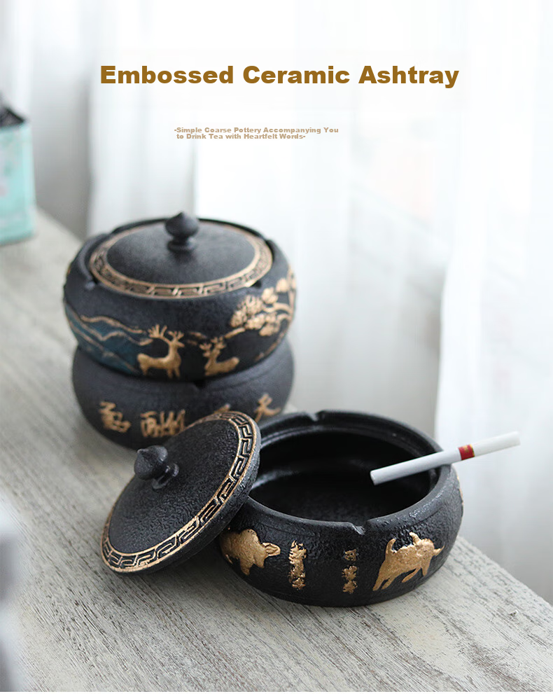 Bangushan Large Ceramic Ashtray with Anti-Spitting Design for Office, Living Room, Home Use, Creative And Personalized Ashtray Gift, Random Style Shipped 2