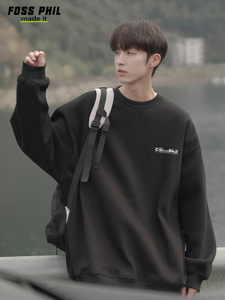 Foss Phil Men's Sweatshirt, Autumn And Winter Trendy Cartoon Print, Loose Casual Round Neck Base T-Shirt Top, FPW5 Black M 20