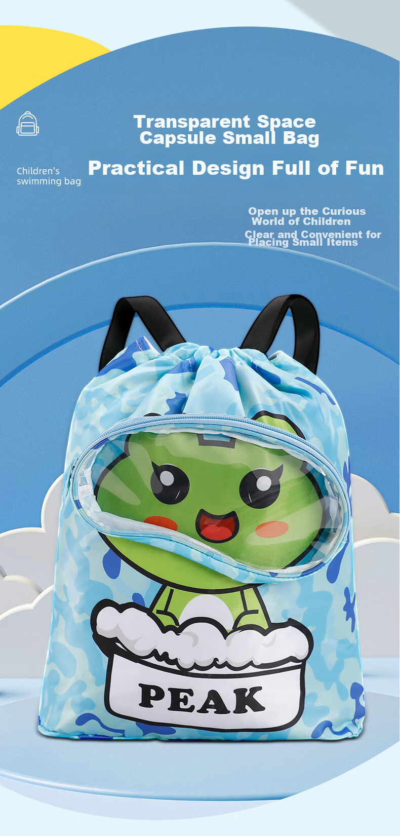 PEAK Children's Dry-Wet Separation Swim Bag, Sports Drawstring Fitness Portable Water-Resistant Storage Bag, Backpack 02 Blue 7