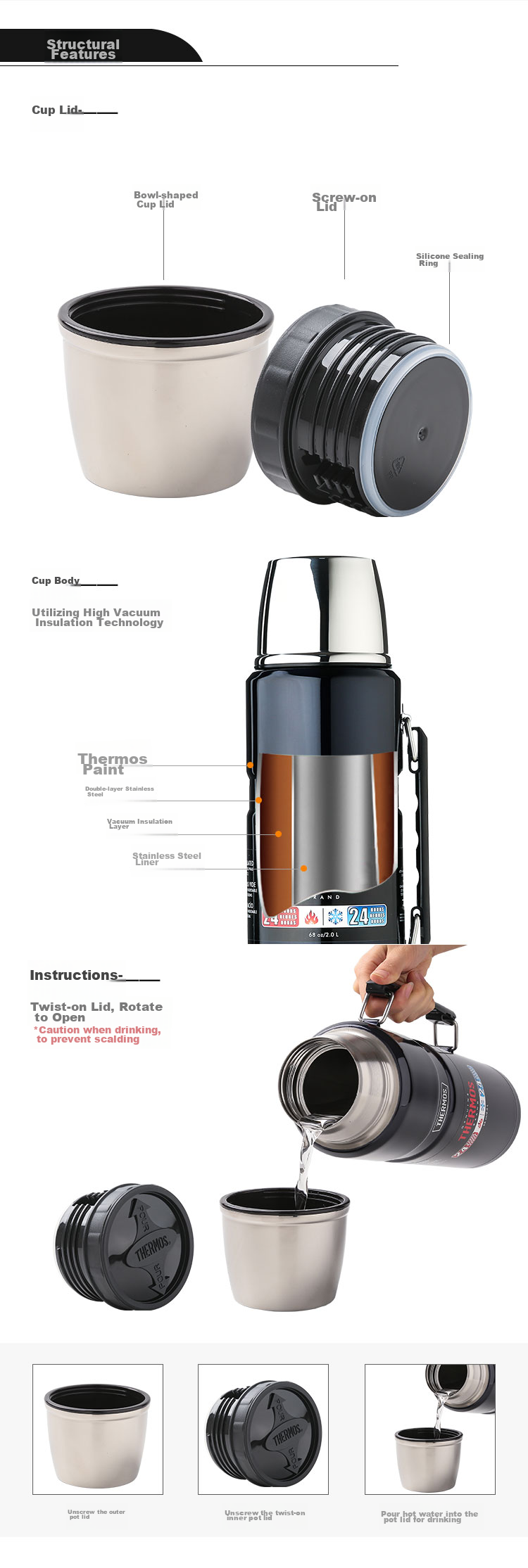 THERMOS Insulated Bottle, 1200ml, for Men And Women, Travel Camping Large Capacity Water Bottle, Gift, Mid-Autumn Festival Present, TSK2-BK 3