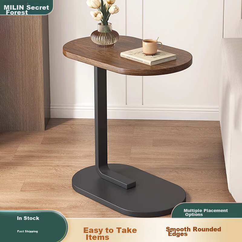Milin Light Luxury Side Table for Small Apartments, Mini Coffee Table for Living Room, Bedroom Bedside Storage Rack, Mobile Table, Walnut Color with Black Frame