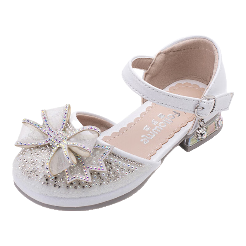Fulomi Girls Sweet Bowknot Rhinestone Princess Shoes Fashionable Soft Sole Crystal Flats Pearl White Size 27