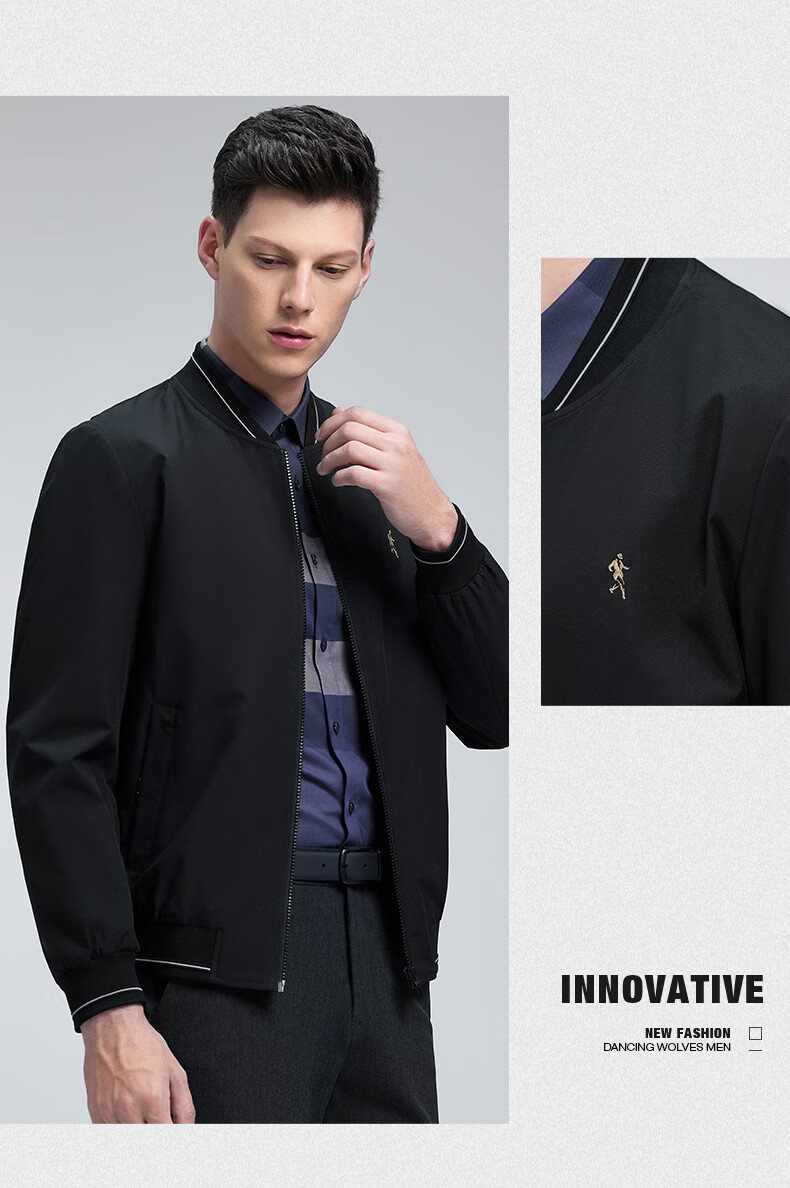 DANCING WOLVES [Business Commute] Men's Baseball Collar Casual Basic Jacket, Men's Coat, 001 Black, Size 165 3
