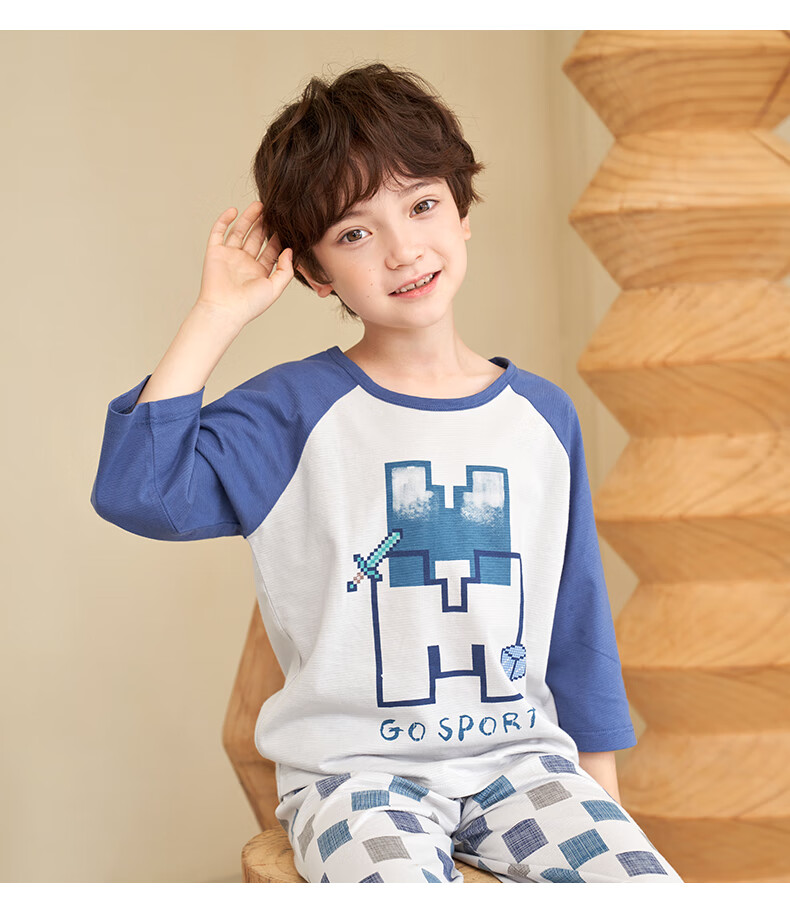 YING BO LUN Boys' Pajamas, Pure Cotton Thin Style, Children's Air Conditioning Wear, Summer Full Cotton Home Wear Set, 63777 Plain White, 160cm 11