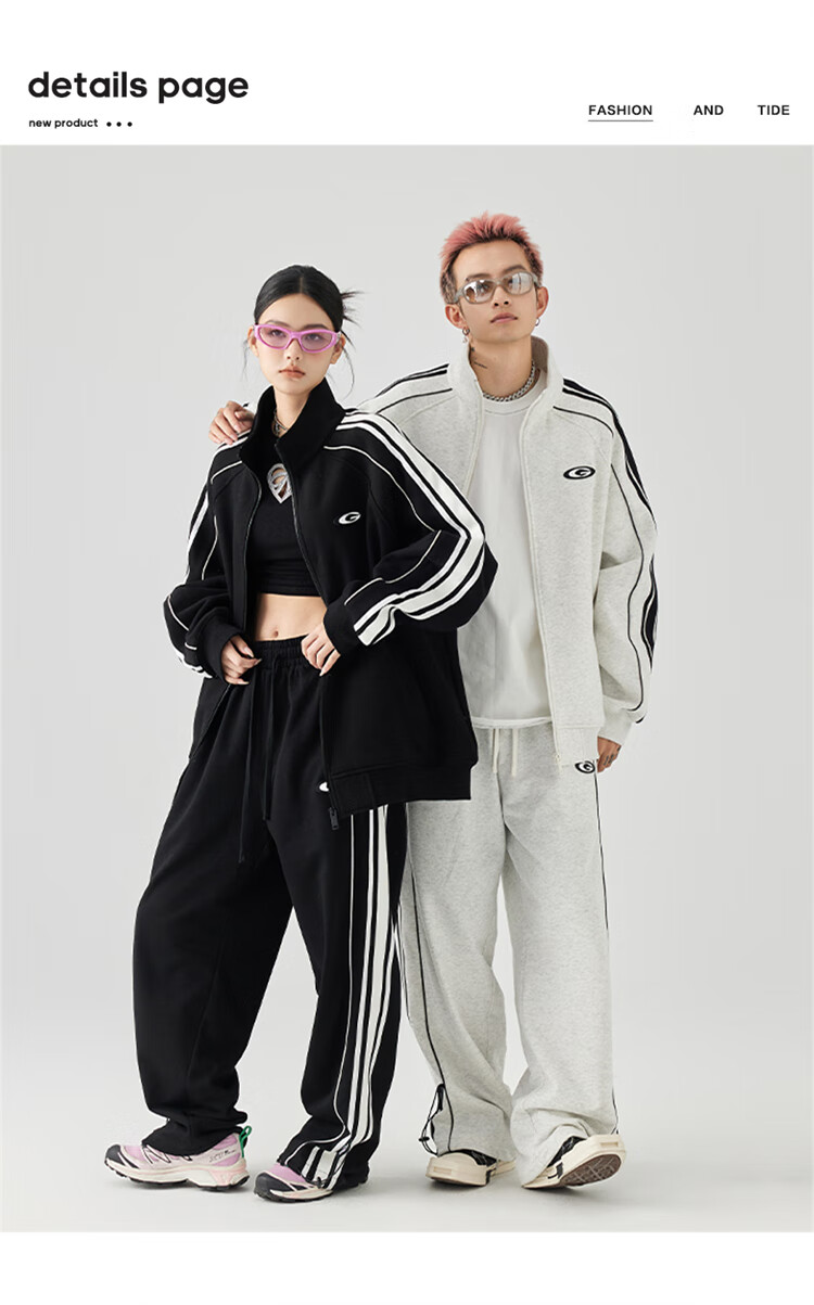 GOLFCROSS Trendy Couple's Style, Preppy Striped Contrasting Color Stand-Up Collar Loose Cardigan Sweatshirt Jacket, White, XL 1