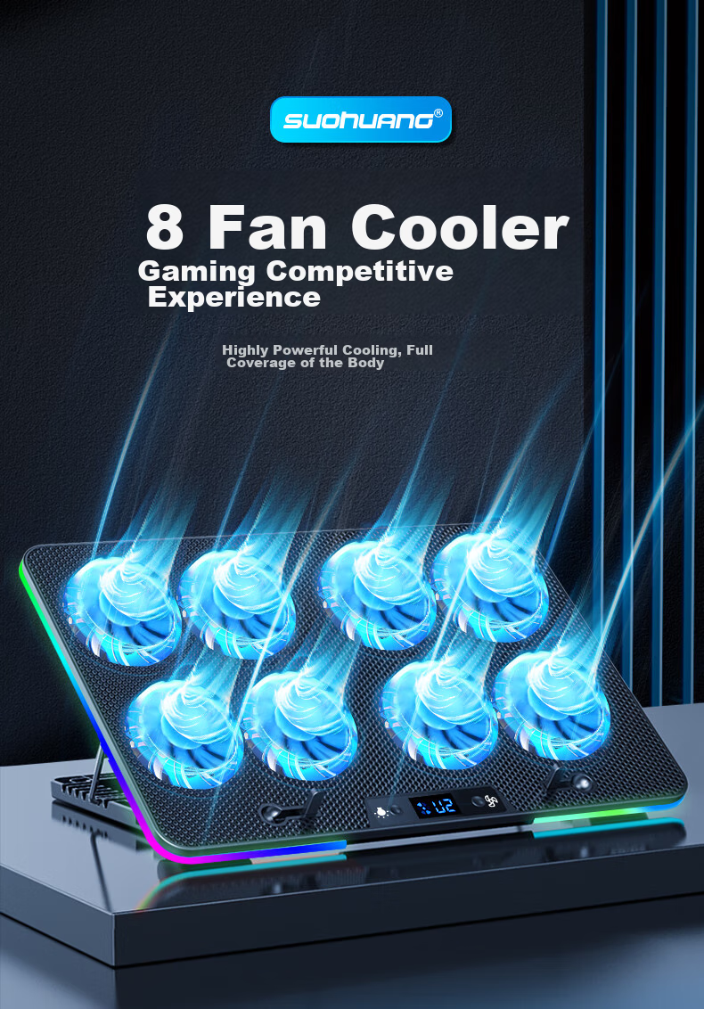 SUOHUANG SSRQ-N8RGB Laptop Cooling Pad Laptop Stand Gaming Cooling Base LCD Display Adjustable Speed Adjustable Height Surrounding Luyue 16 Plus 1