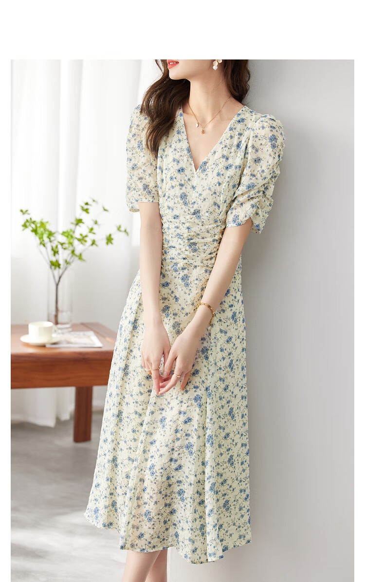 Sentubila Summer French Floral Print Dress, Puff Sleeve Tea Break Dress, Elegant Goddess Style Skirt, Apricot Base with Blue Flowers, M Size 2