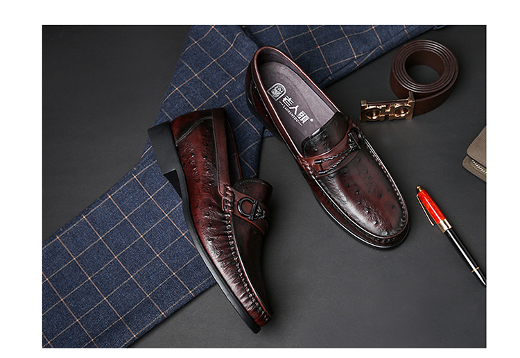 LAORENTOU Men's Leather Shoes, Top-Grain Cowhide Business Casual Shoes, Ostrich Pattern Slip-On Shoes, Dad Shoes, 520502519, Black, Size 40 2