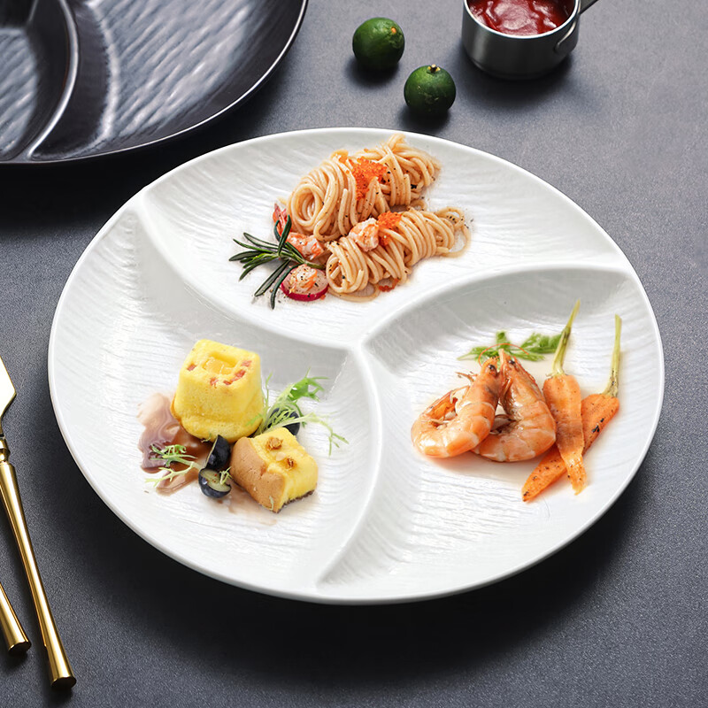 Chuanqi Ceramic Divided Plate, 10-Inch Three-Compartment Round Plate, Salad Plate, Fat-Reducing Separated Breakfast Plate, Lava Flow