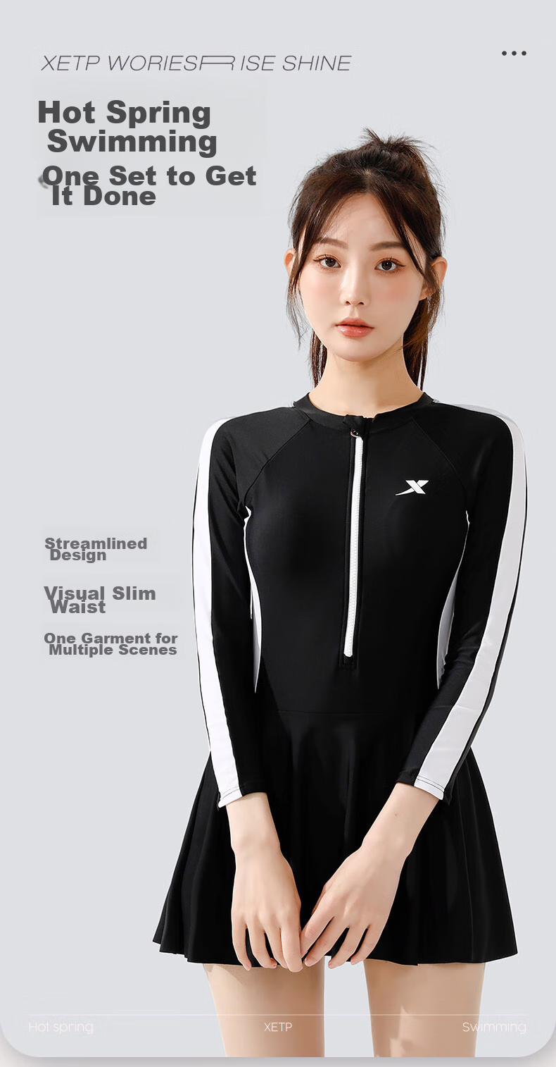 XTEP XTEP Summer One-Piece Swimsuit with Skirt for Women, Long-Sleeve Beach Hot Spring Swimwear, Black, Size L 1