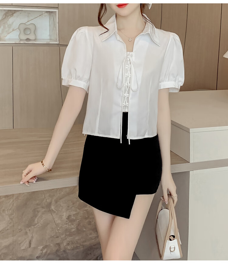 JEANSWEST Women's Summer 2025 Loose Puff Sleeve Short Sleeve Crop Shirt White L 23