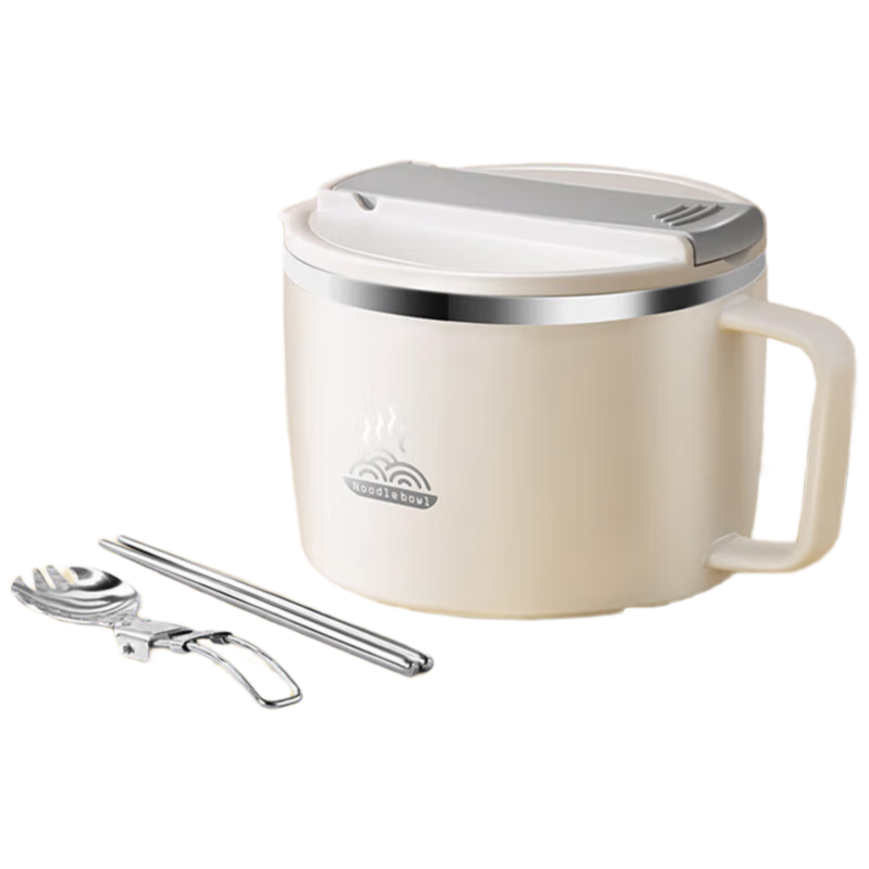JD Original Noodle Bowl, 304 Stainless Steel, for Office Workers, with Lid, Lunch Box, Double-Layer Insulation, Large Capacity 1.3L, White, Comes with Chopsticks And Spoo