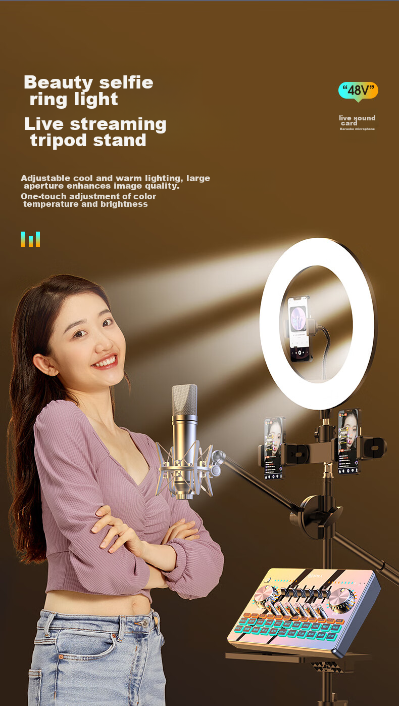 Haomuren Sound Card Kit, Live Streaming Equipment Set, Mobile Phone Karaoke Special, for TikTok Live Streamers, Professional Singing Device, Recording Microphone, Fill Light, External Sound Card for Computer, Microphone 6
