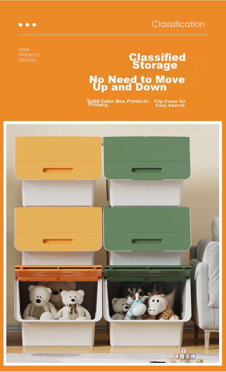 JEKO&JEKO Front-Opening Flip Lid Toy Storage Box, Children's Clothing Organizer, Snack Storage Container, 34L, Set of 3, Gree 5