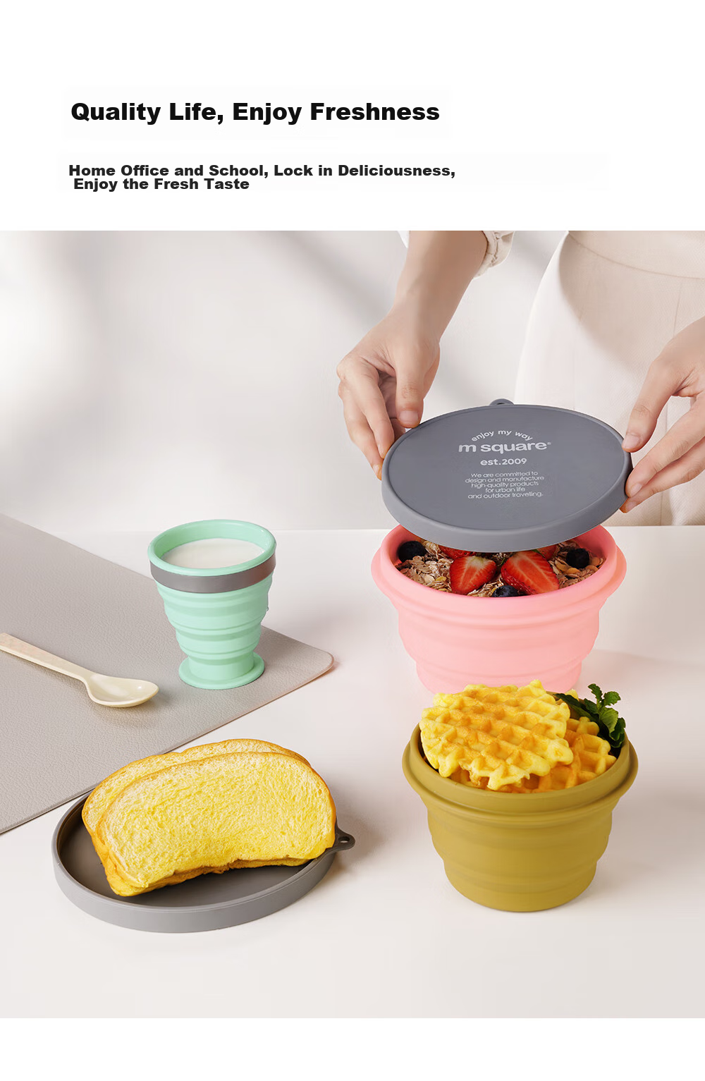 M Square Folding Bowl, Silicone Cup Bowl, Portable Travel Food-Grade Baby Bowl, Camping Picnic, Blue Medium Cup + Large Bowl 3