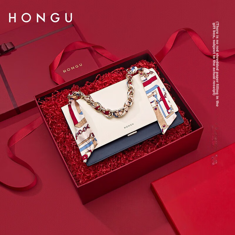 HONGU Women's Handbag, Chain Bag, Contrasting Color Shoulder Tote Silk Scarf Bag, Cowhide Crossbody Bag, Birthday Gift for Girlfriend