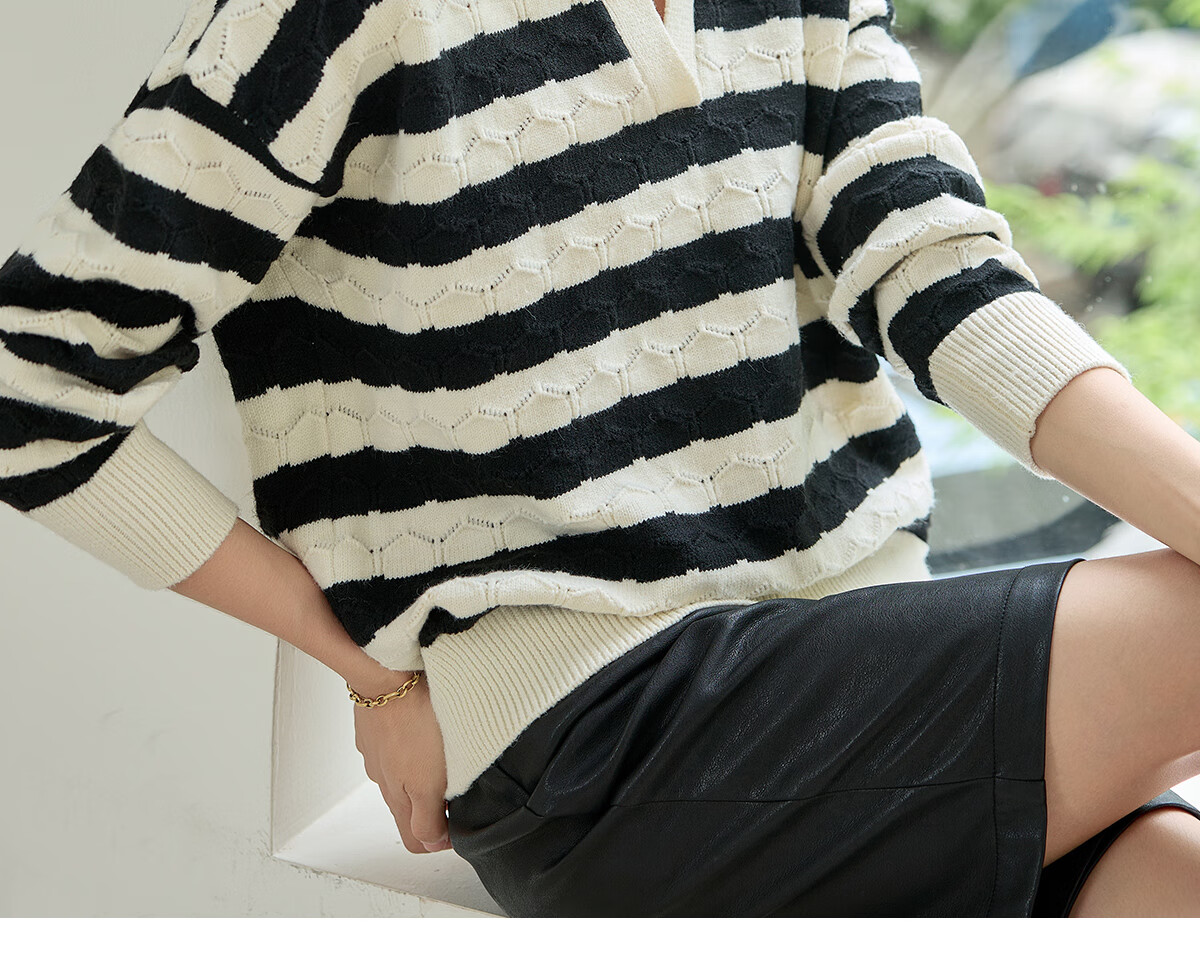 Chushen Spring Autumn Women's Knitwear Striped Textured Pattern Polo Collar Sweater Basic Top S143Z3010 3