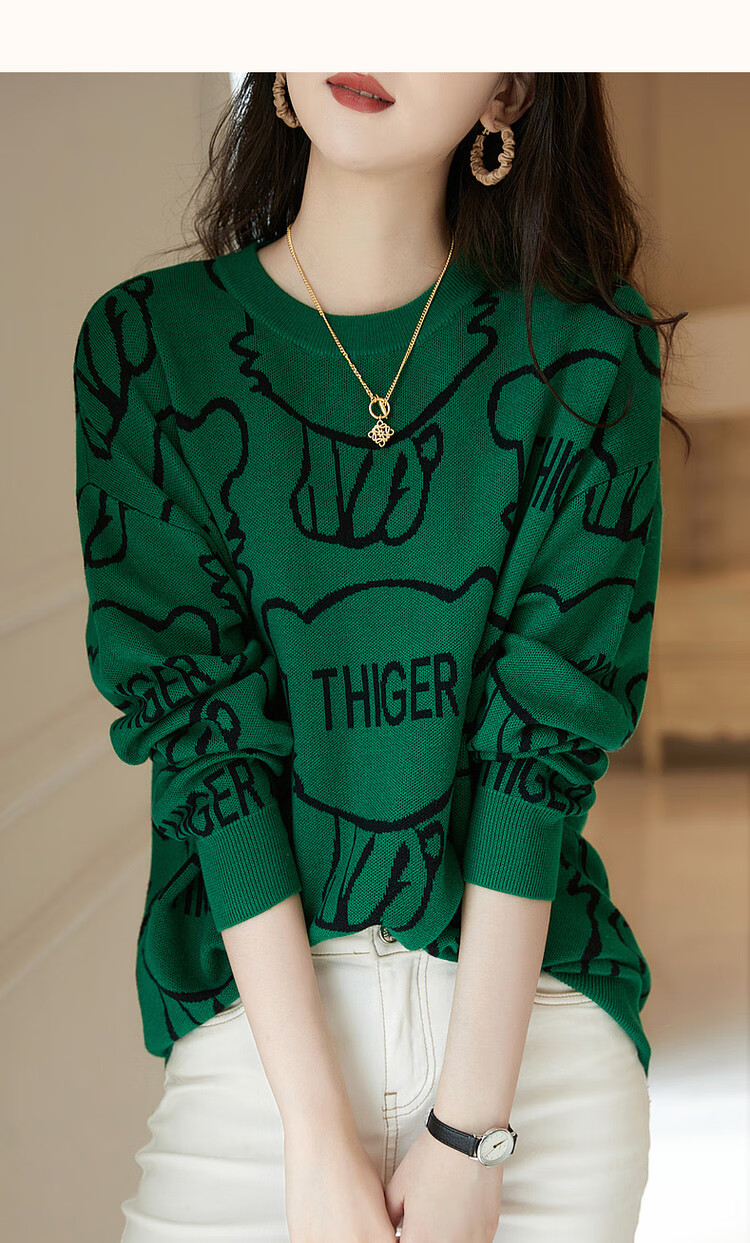 Dme [Containing Wool Letter Knit Sweater], Spring And Autumn Round Neck Drop-Shoulder Long-Sleeve Sweater for Women, Knitted Pullover 10