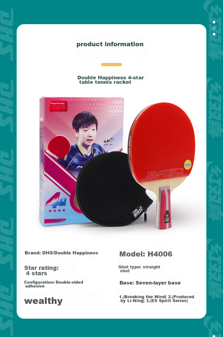 DHS Table Tennis Racket, 4-Star Straight Handle, Single Racket, Kuangbiao 3 Double-Sided Reverse Rubber Fast Attack Type H4006, Includes Table Tennis Balls 8
