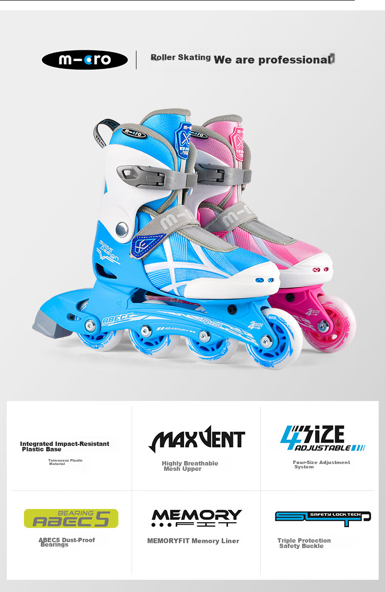 MEGA Children's Roller Skates for Boys And Girls, Inline Skates with Adjustable Wheels for Primary And Secondary School Students, Blue Set, Size L 3