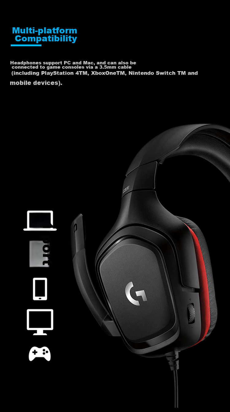 G G331 Over-Ear Gaming Headset with Surround Sound, E-Sports Headphones, Remote Education Microphone, Noise-Cancelling Apex PUBG FPS Sound Positioning - Compatible with Tri-Band Actio 3
