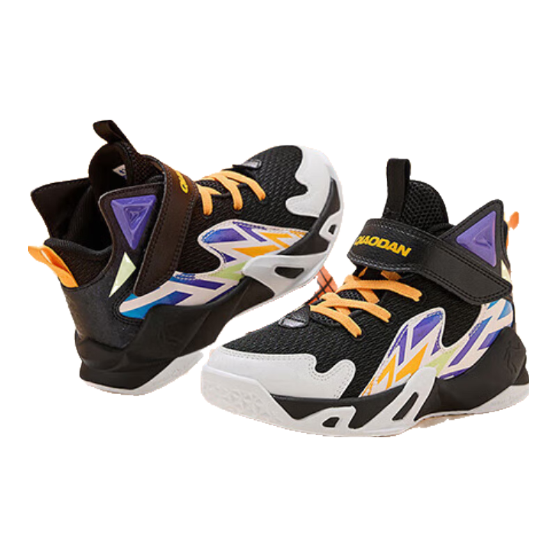 QIAODAN Kids Basketball Shoes Toddler Spring Autumn Sports Shoes Boys Velcro Black/Crystal Purple Size 28