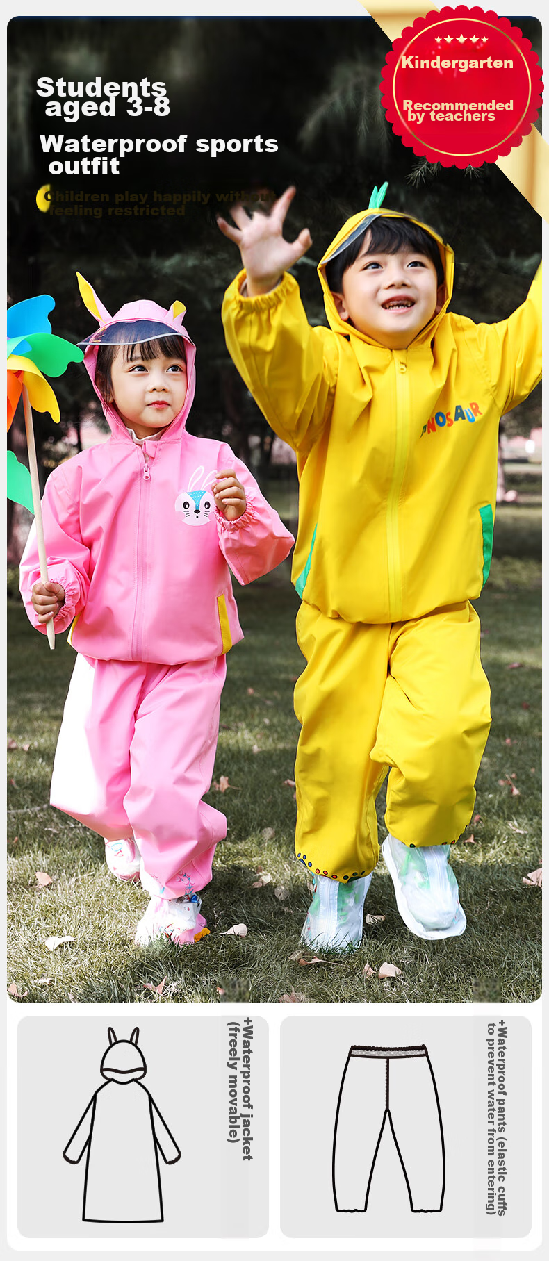 Moremerry Children's Raincoat Two-Piece Set, Boys And Girls Kindergarten Waterproof Rain Pants, Baby Rain Poncho, Yellow Dinosaur Set, Size S 4