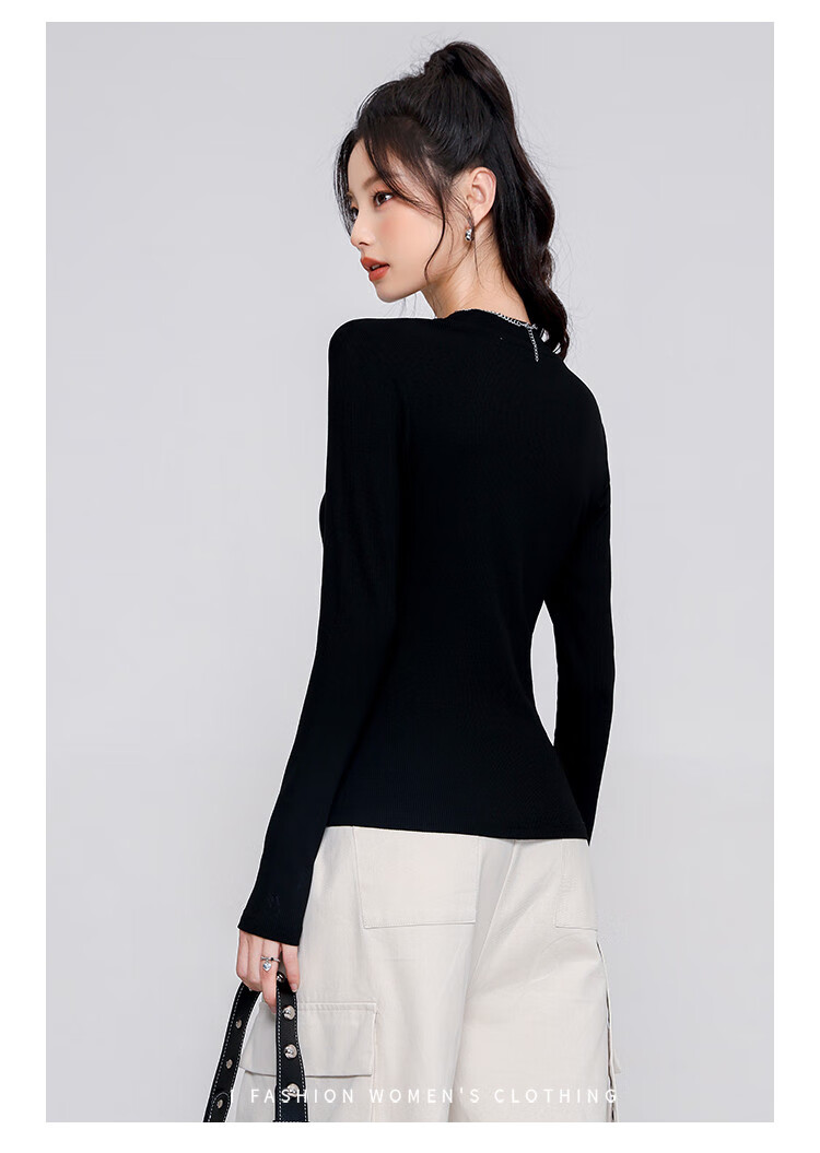 TUCANO Women's Base Layer, Spring And Autumn Inner Wear, Slim-Fit Ribbed Regular Shoulder Long-Sleeve T-Shirt, Solid Color Basic Undershirt Top, Black, M 10