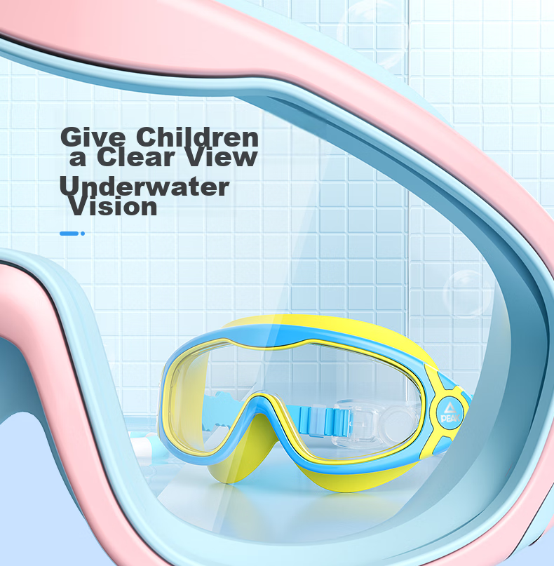 Peak One-Piece Earplug Kids Swimming Goggles Unisex Large Frame HD Anti-Fog Waterproof Transparent Blue 3