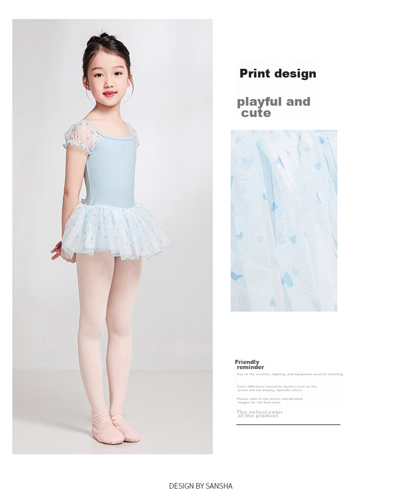 Sansha Children's Dance Tutu, Ballet Leotard for Girls, Heart-Shaped Puff Sleeve Performance Dress with Open Crotch, White, Size M 6