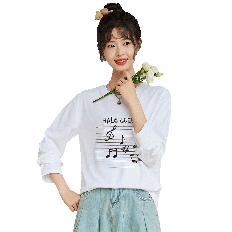 Halo Queen Long-Sleeve T-Shirt for Women, Spring And Autumn Round Neck Musical Note Loose Casual Versatile Base Shirt Top New Product H143T2019