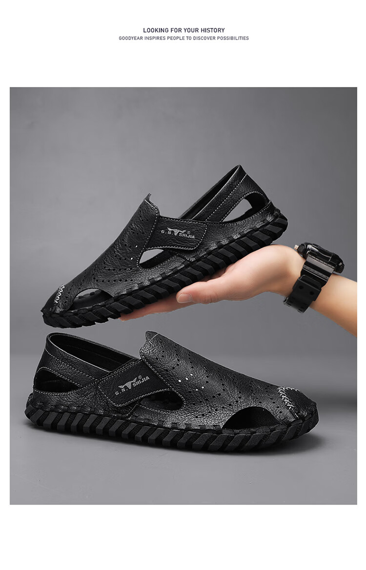 Bull Family Leather Sandals Summer Beach Shoes Men's Driving Outdoor Casual Trendy Soft Leather Soft Sole Handmade Hole Sandals 2