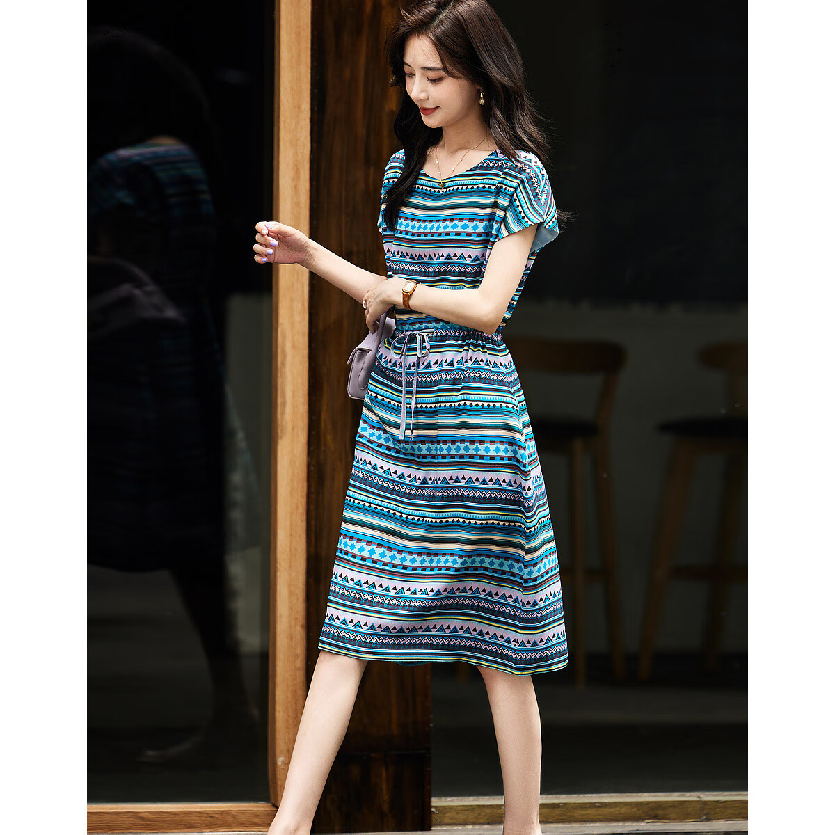 Dme [Cambridge Story] Summer Lightweight Mulberry Silk Round Neck Striped Printed Drawstring Dress for Wome