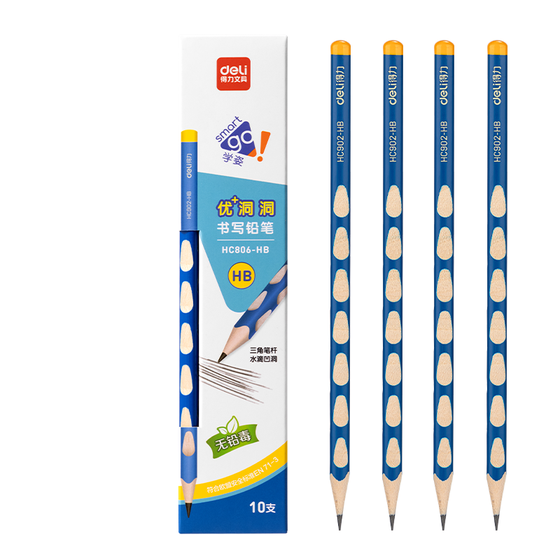 Deli Hole Pencil 10pcs HB Writing Pencils Easy Grip Children's Posture Correction Student Practice Pen (Blue) HC806-HB Back to School Stationery