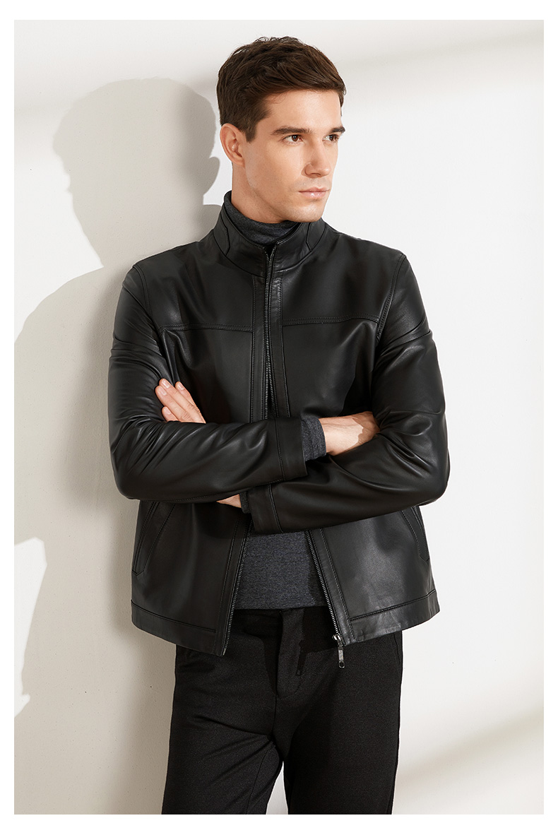 雪豹皮夹克 羊皮衣男绵羊皮立领薄款外套秋冬短款商务休闲男装 黑色