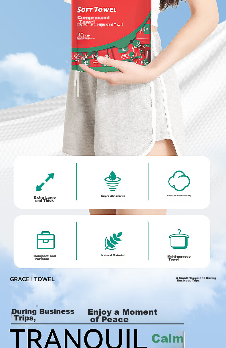 Grace Compressed Towels, Thick Disposable Face Wipes, Portable for Travel, Business Trips, Outdoor Activities, Hotel Use, 60 Pieces Per Pack 2