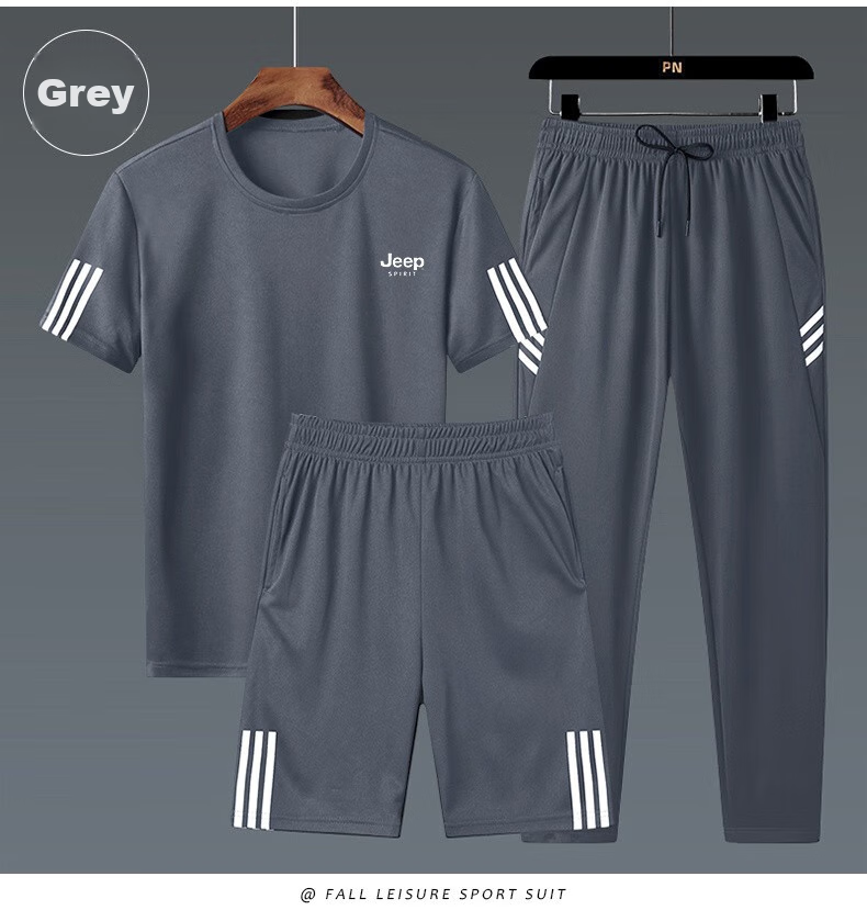JEEP SPIRIT Men's Summer Short-Sleeve T-Shirt Set, Three-Piece Outdoor Sports Versatile Outfit, White Three-Piece Set, 2XL 12