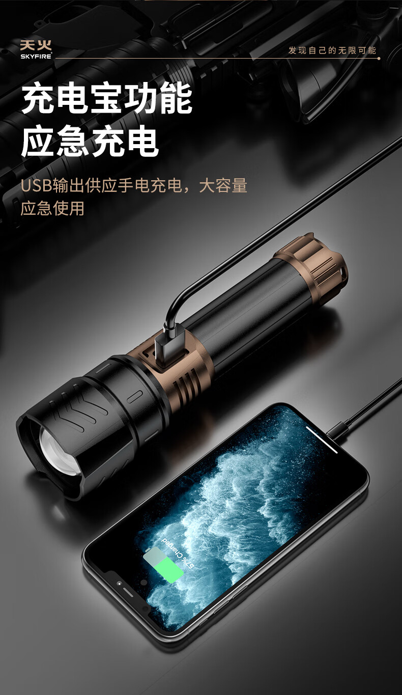 SkyFire Canglong Flashlight: Powerful Beam, Long Battery Life, Zoomable, Outdoor Patrol, Hiking-Specific, Large Capacity 1